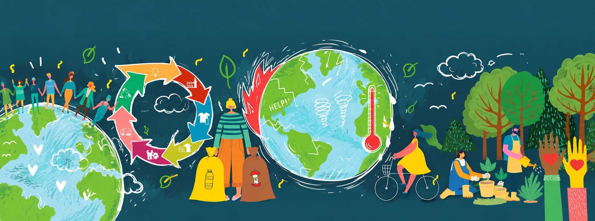 Ilustración sobre el cambio climático, la sostenibilidad y la acción colectiva